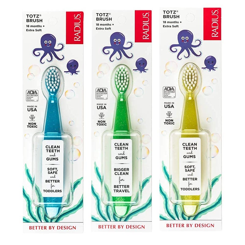 RADIUS Children's Toothbrush, Totz Brush, Extra Soft Bristles, Blue/Green/Yellow, BPA Free & ADA Accepted, Designed for Delicate Teeth & Gums for Children 18 Months & Up, Pack of 3 - Image 2